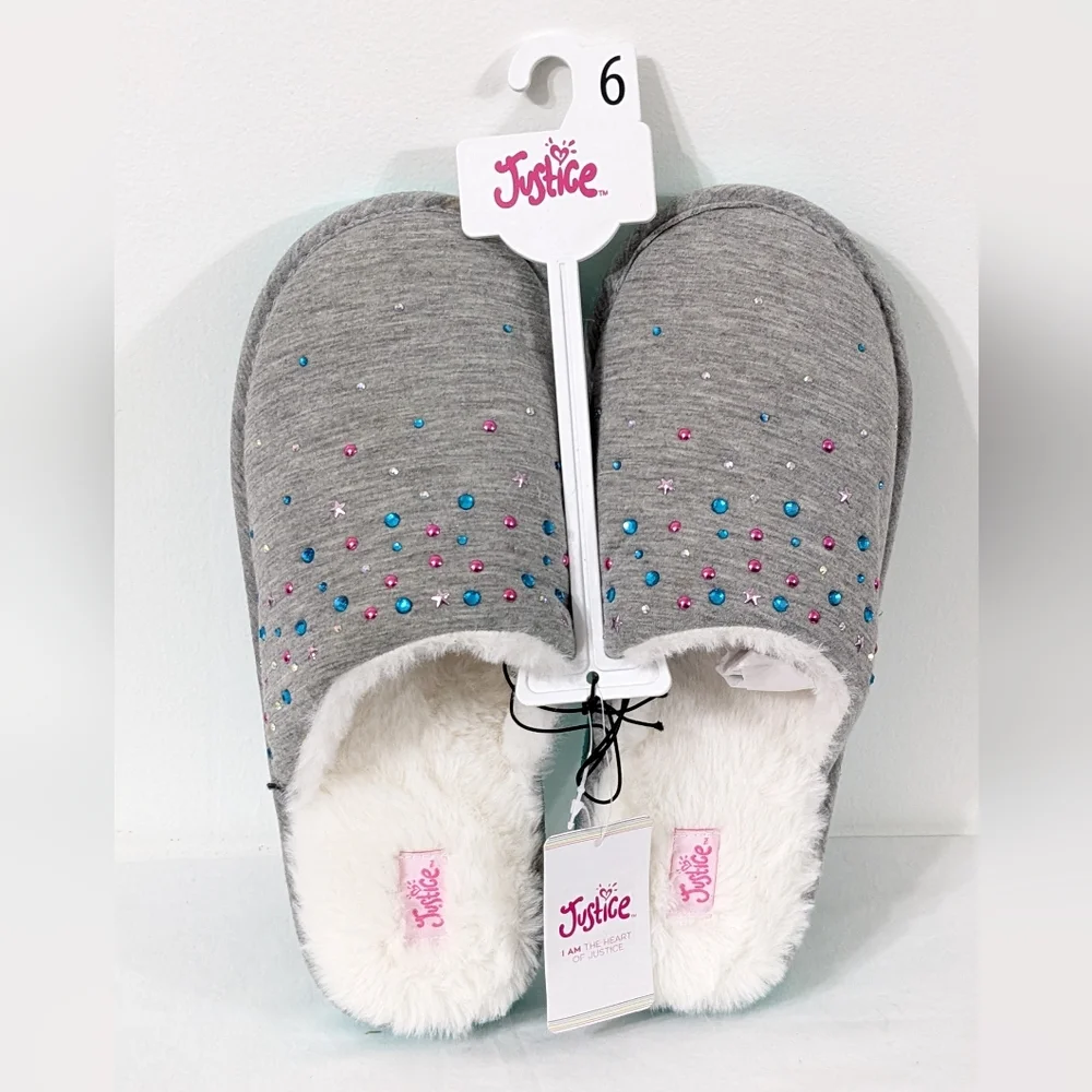 Justice Girls Cozy Gray Rhinestones Scuff Slip On Slippers, Size 6, New With Tag